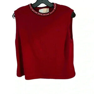 St John by Marie Gray women’s red knit top w/ gold detail around neck sz M